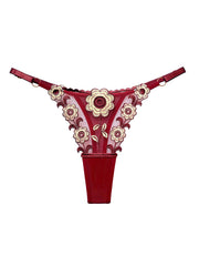 Floral Embroidery Mesh Thongs Colorblock Panties