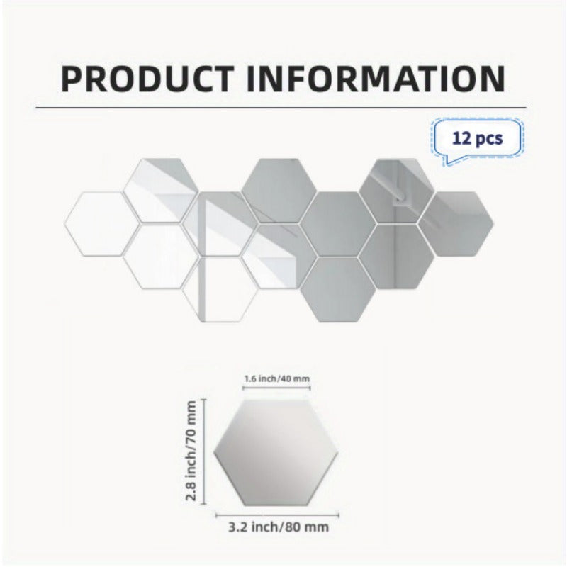 12pcs 3D Hexagon Mirror Wall Stickers Self-adhesive Acrylic Home Decor