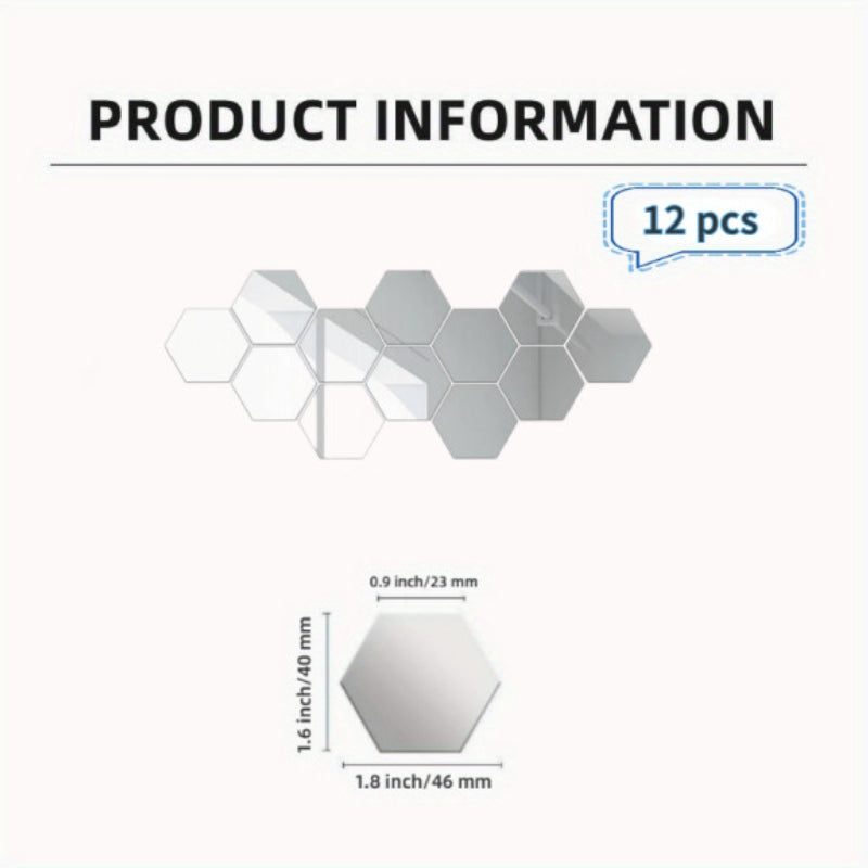 12pcs 3D Hexagon Mirror Wall Stickers Self-adhesive Acrylic Home Decor