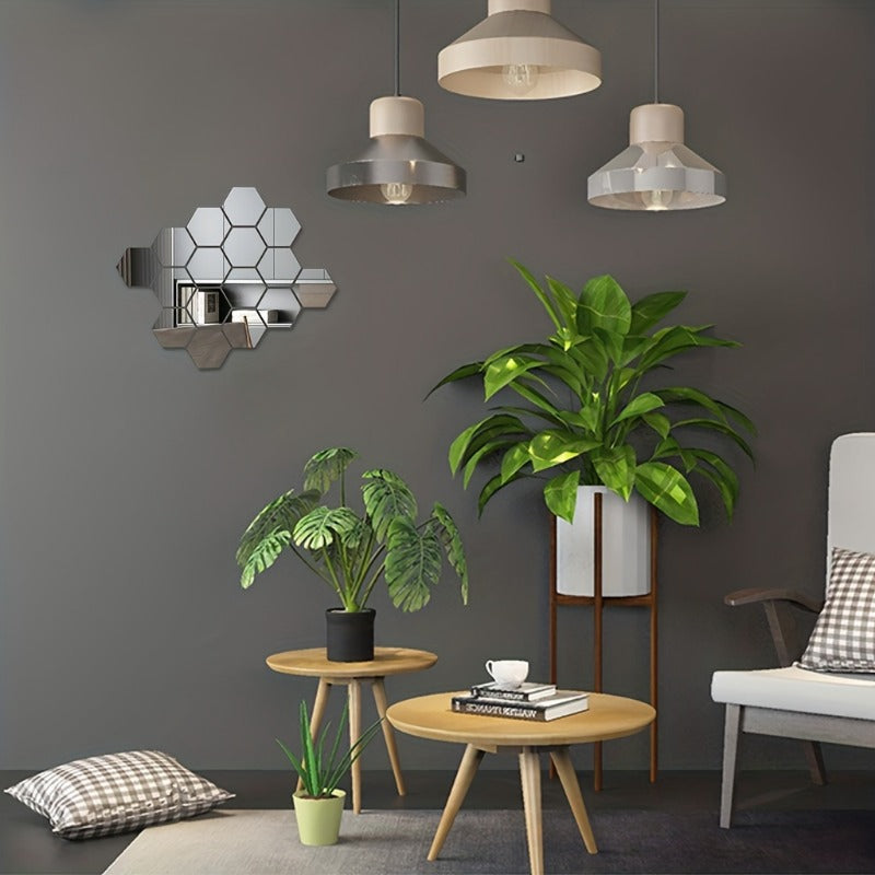 12pcs 3D Hexagon Mirror Wall Stickers Self-adhesive Acrylic Home Decor
