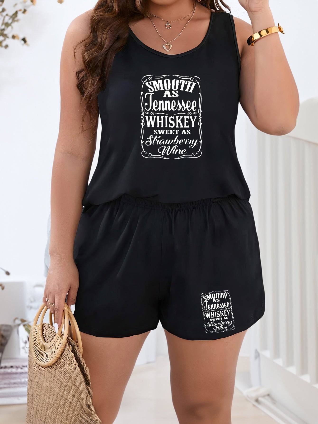 Women's Plus Size Letter Print Tank Top & Shorts Pajama Set