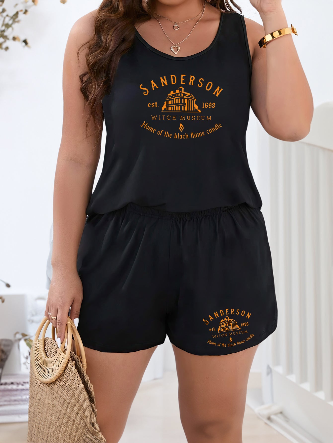 Halloween Lounge Set Witch House Print Tank Top & Shorts Pajama Set