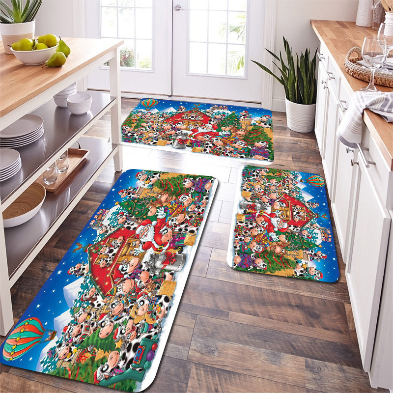 Farm Style Christmas Kitchen Decor Mat Santa Cow Print Long Strip Mat