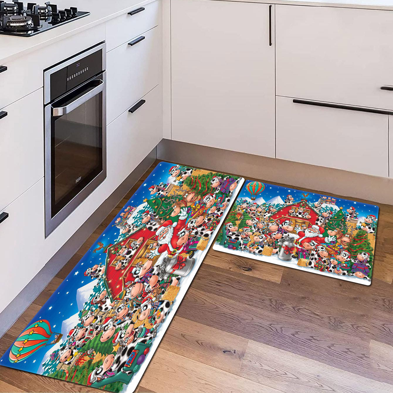 Farm Style Christmas Kitchen Decor Mat Santa Cow Print Long Strip Mat