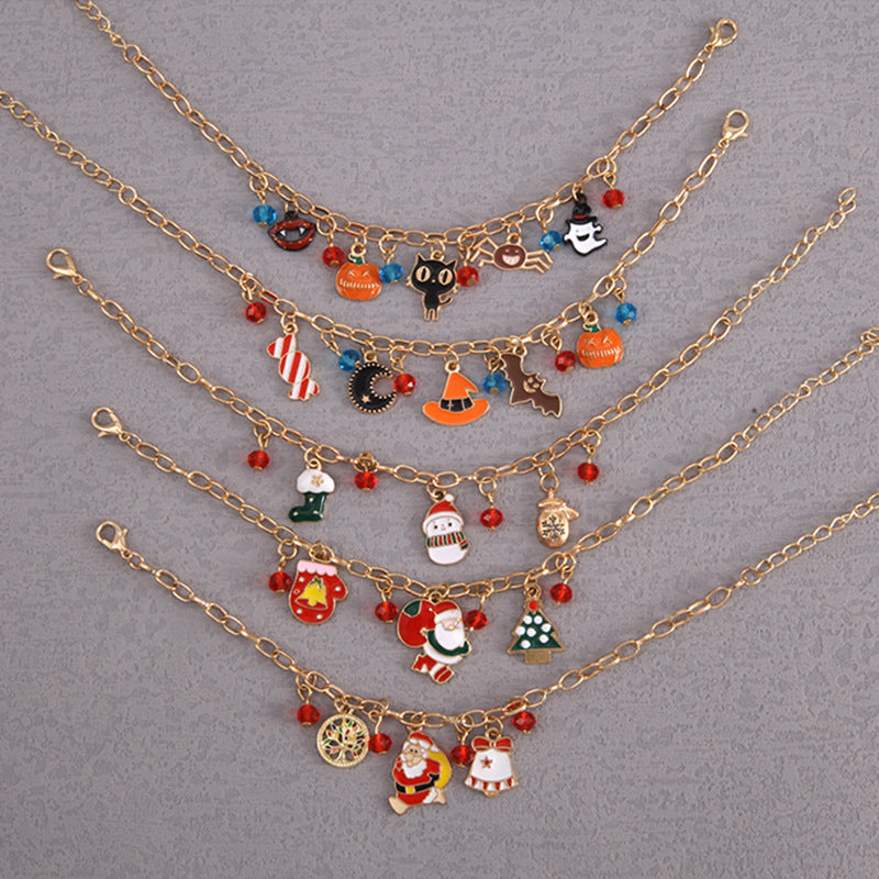 Christmas Bracelet Alloy Drop Santa Claus Reindeer Snowman Bell