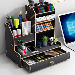 Wood Slanted Pen Holder Desk Organizer for Dorm Room and Office