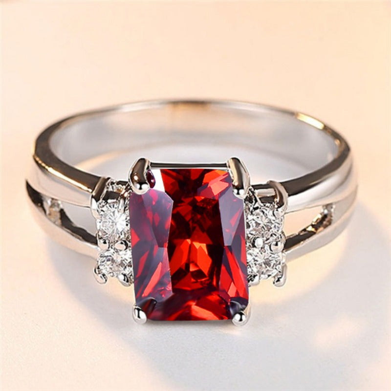 Women's Silver Red Stone CZ Crystal Claw Ring Princess Jewelry Gift