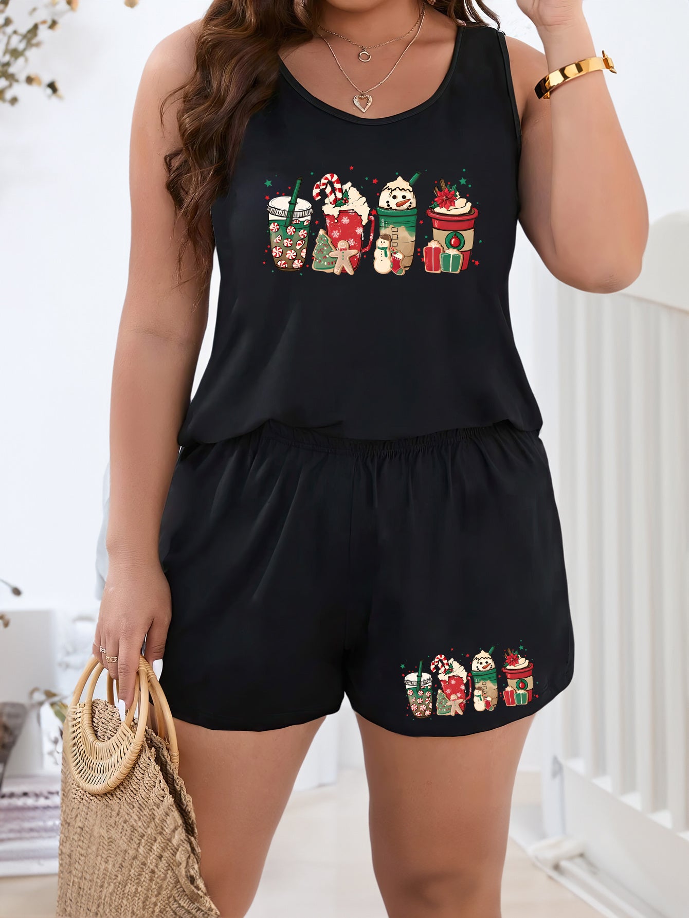 Christmas Lounge Set Women's Snowman Tank Top & Shorts Pajamas