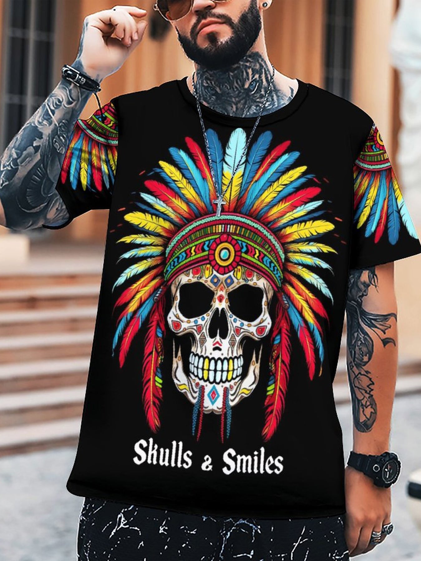 Men's 3D Totem Skull Graphic T-shirt - Outdoor Casual Tee