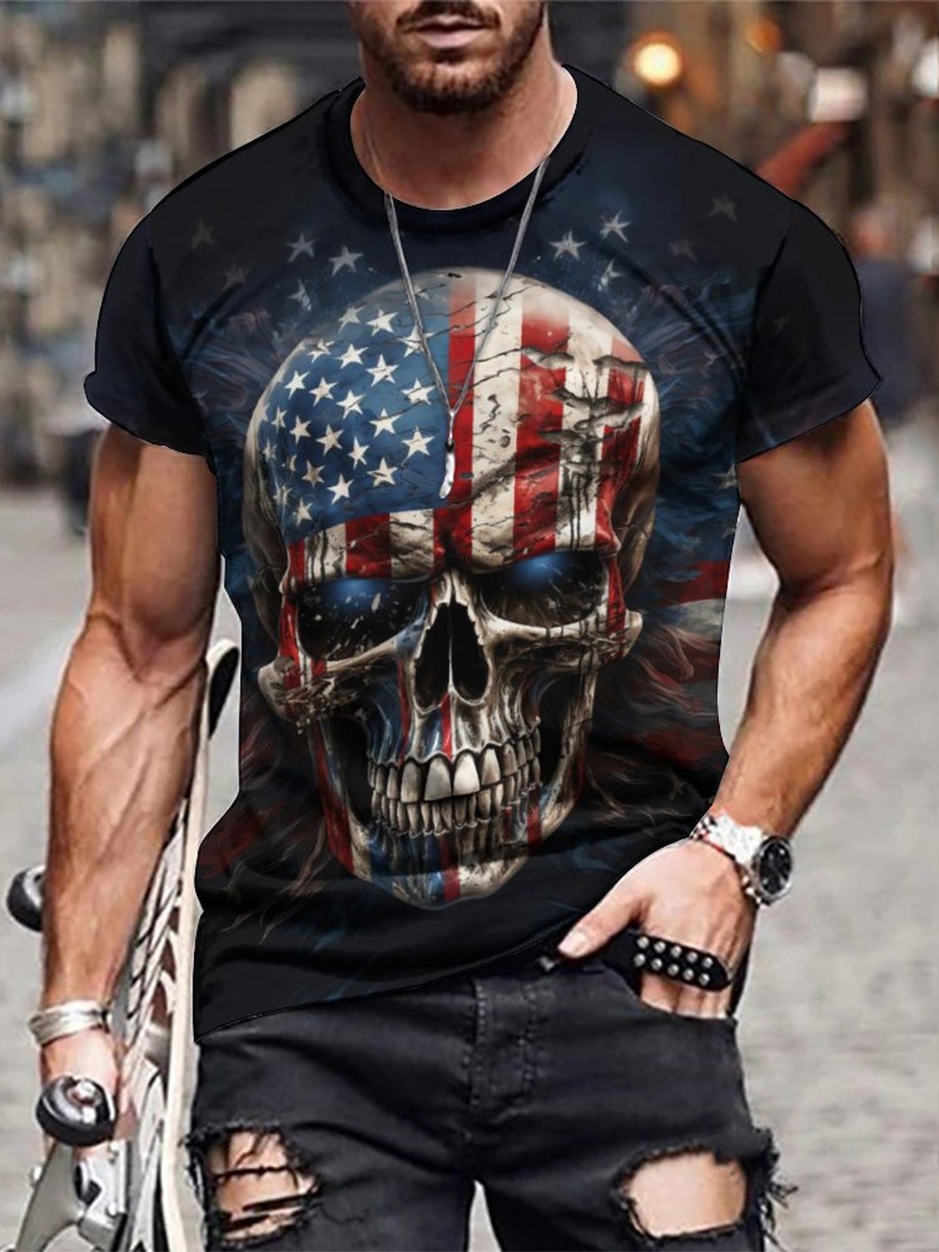 Men's 3D American Flag Skull Graphic T shirt for Outdoor