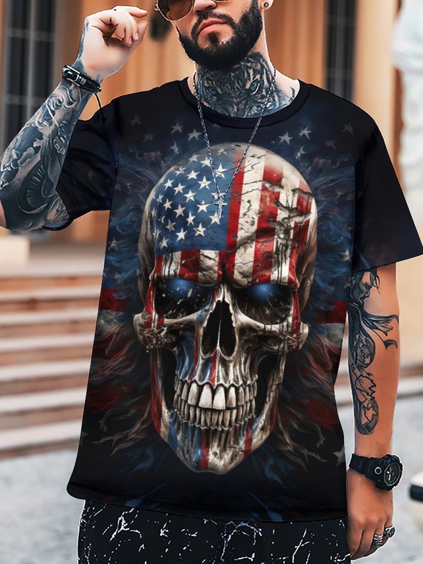Men's 3D American Flag Skull Graphic T shirt for Outdoor