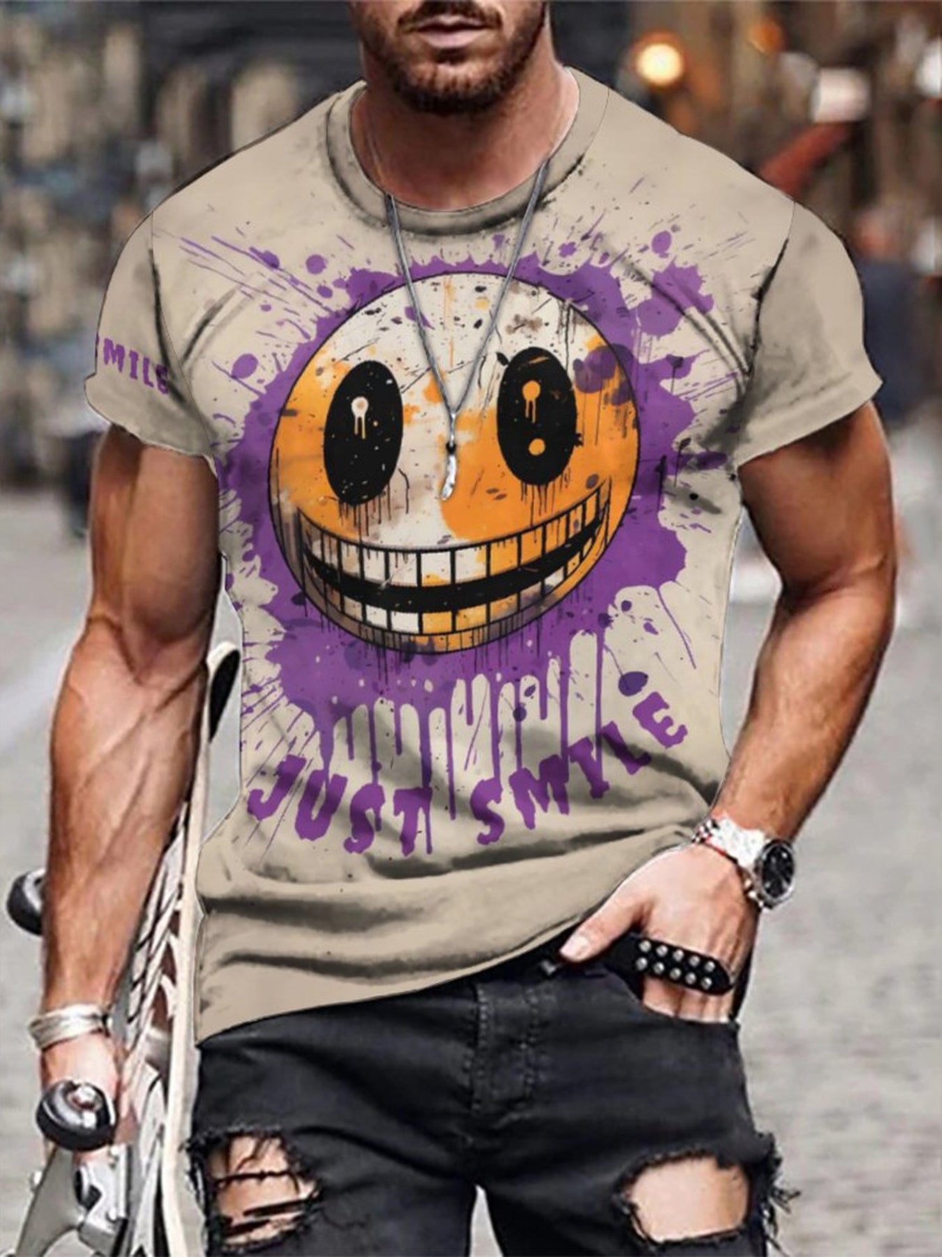 Men's 3D Graffiti Smile Graphic T-shirt Casual Breathable Tee