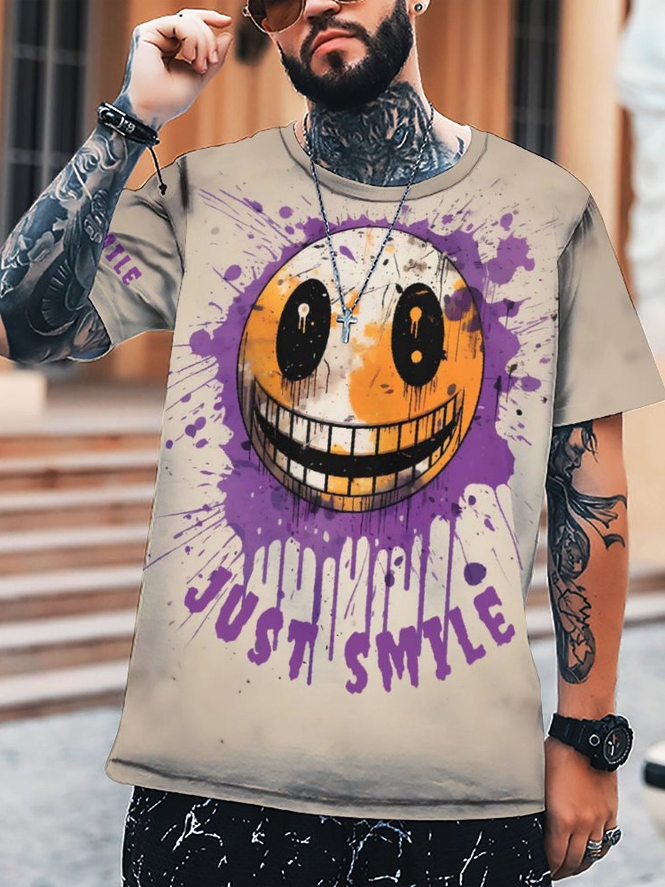 Men's 3D Graffiti Smile Graphic T-shirt Casual Breathable Tee