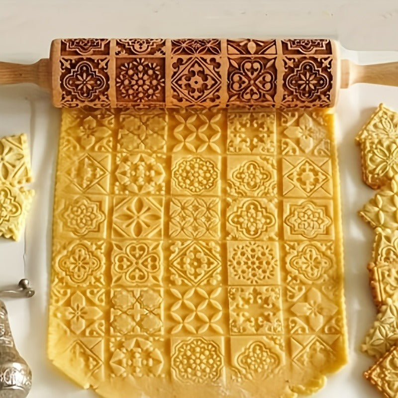 Vintage Pattern Embossing Rolling Pin Wooden Dough Roller Kitchen Utensil