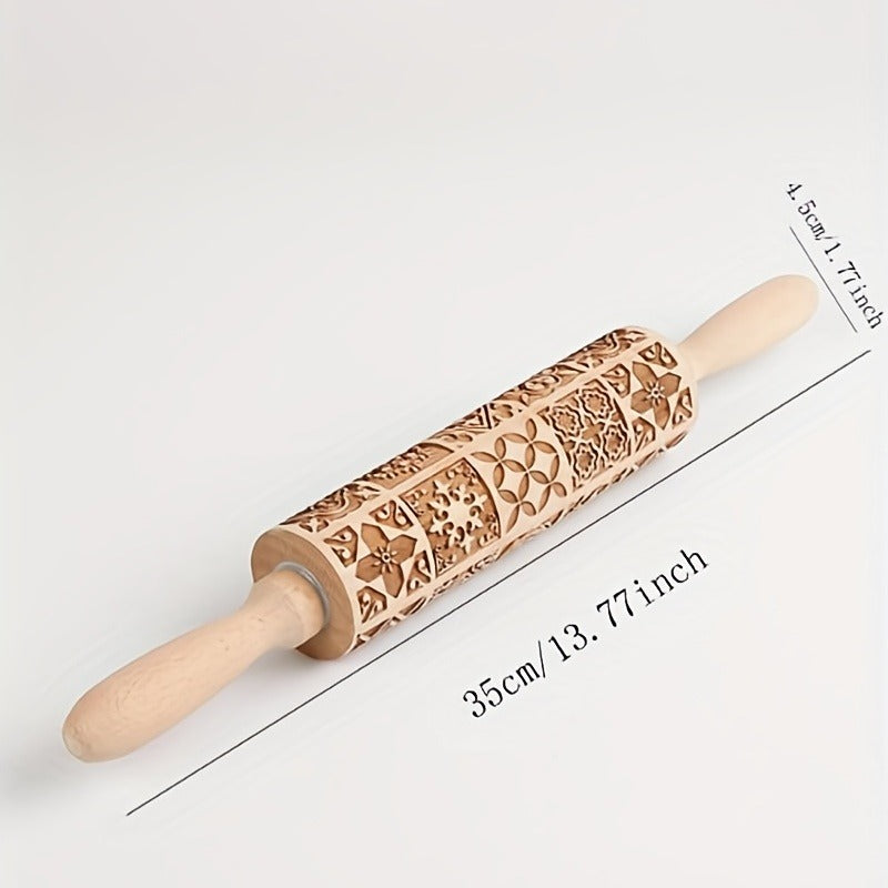 Vintage Pattern Embossing Rolling Pin Wooden Dough Roller Kitchen Utensil
