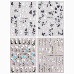 4pcs 5D Embossed Spring Flower Nail Art Stickers Self Adhesive