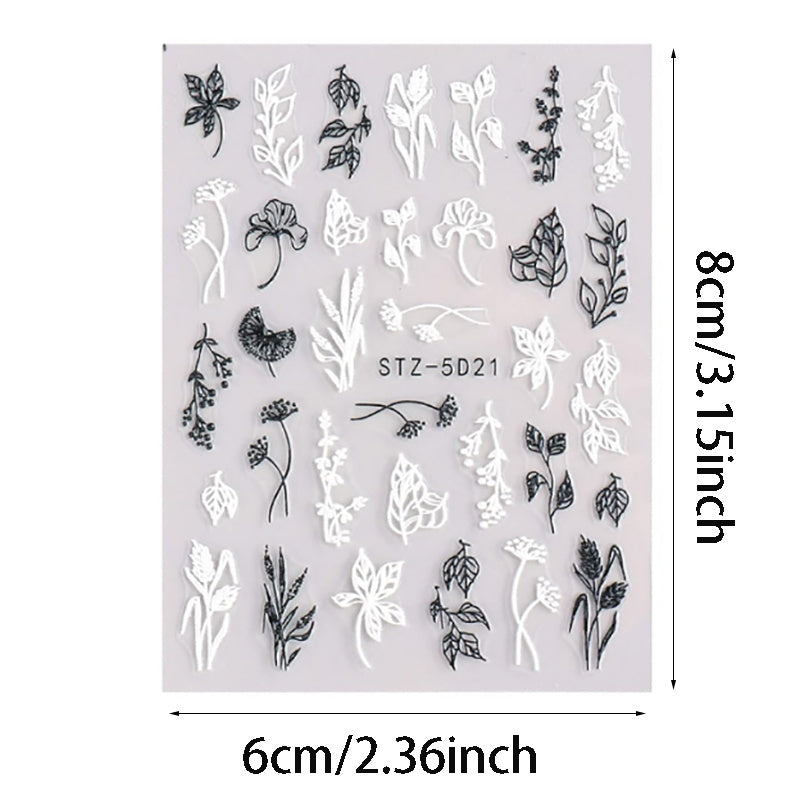 4pcs 5D Embossed Spring Flower Nail Art Stickers Self Adhesive