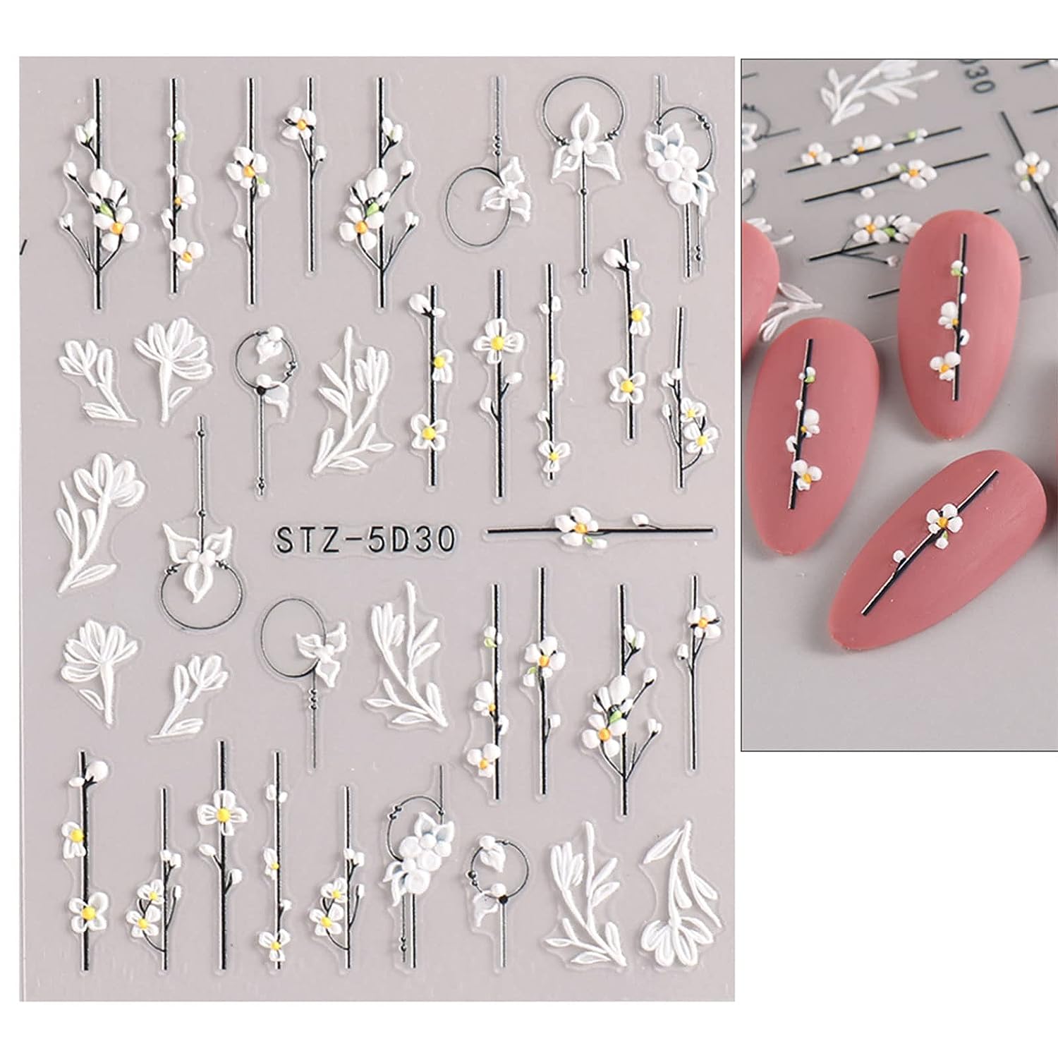 4pcs 5D Embossed Spring Flower Nail Art Stickers Self Adhesive