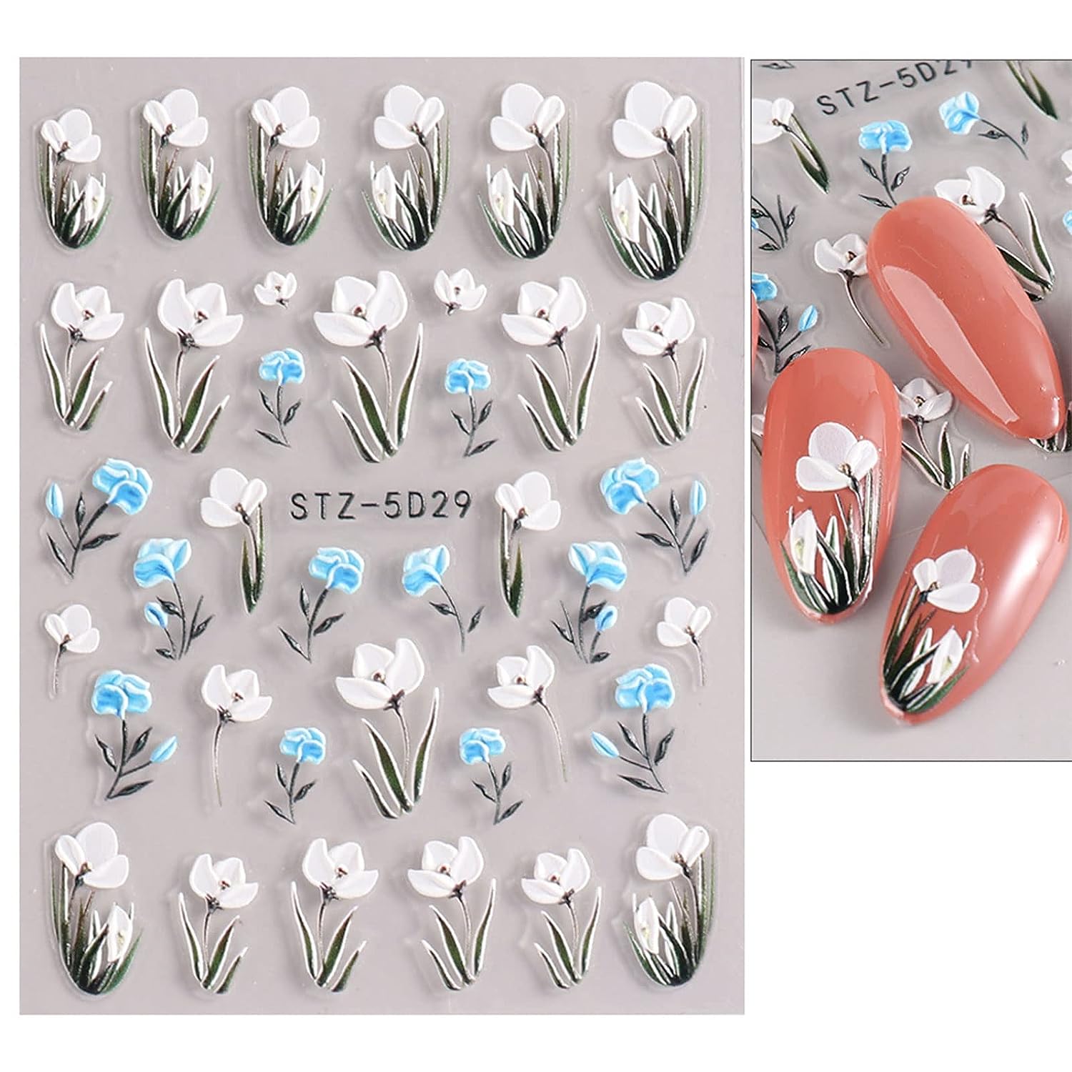 4pcs 5D Embossed Spring Flower Nail Art Stickers Self Adhesive