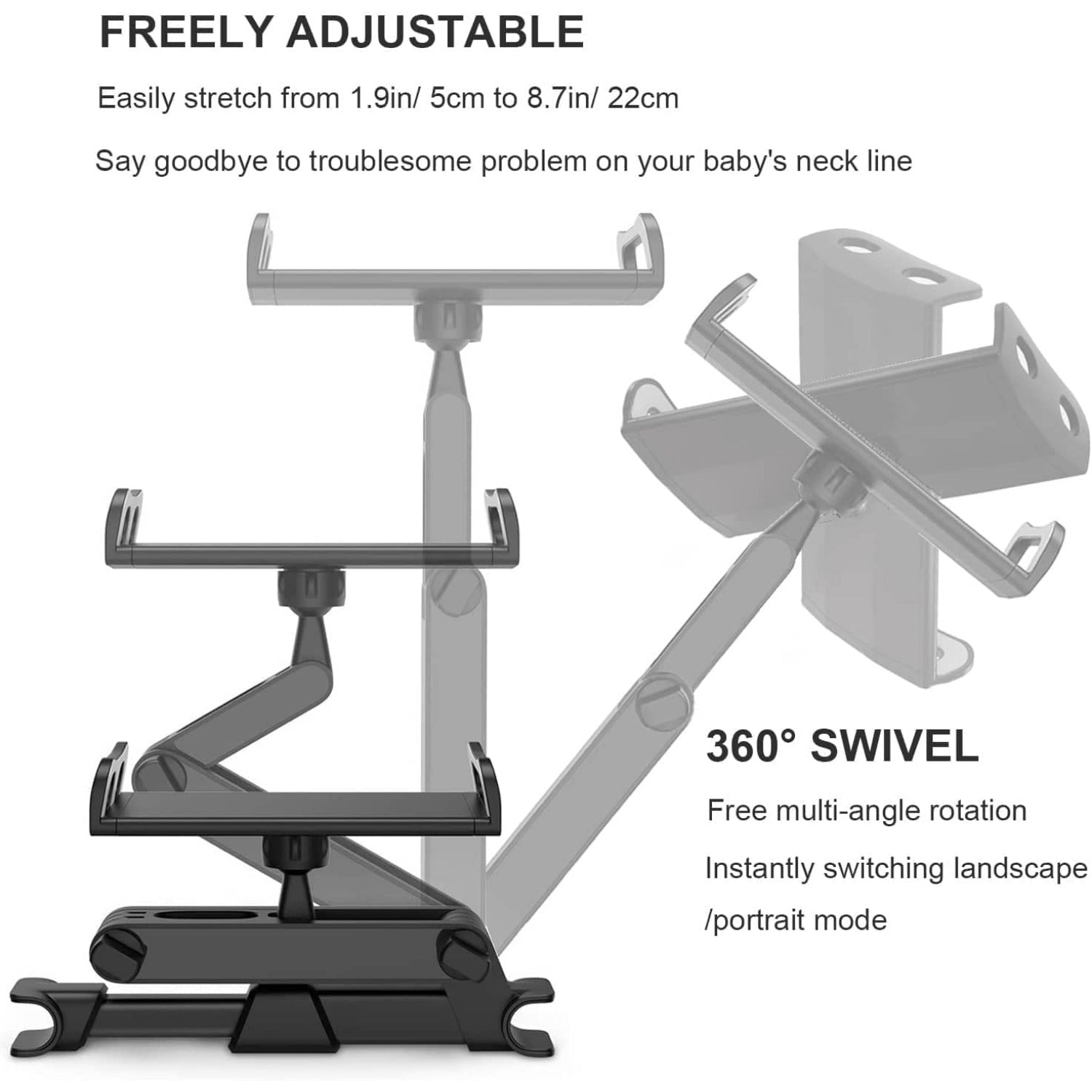 Universal Car Headrest Tablet Mount Holder 360 Swivel Angle Adjustable