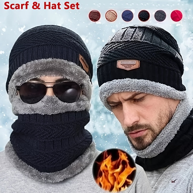 Winter Warm Knitted Hat With Fleece Scarf, Windproof, for Outdoor Activities