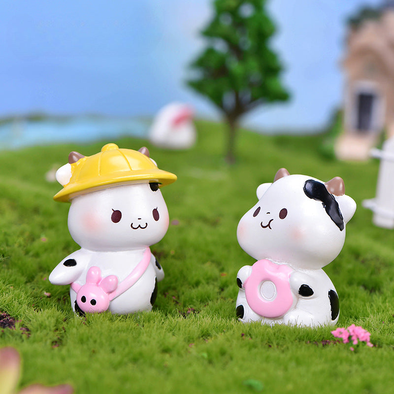 Cute Donut Milk Carton Cows Resin Toy for Bonsai Succulent Decor