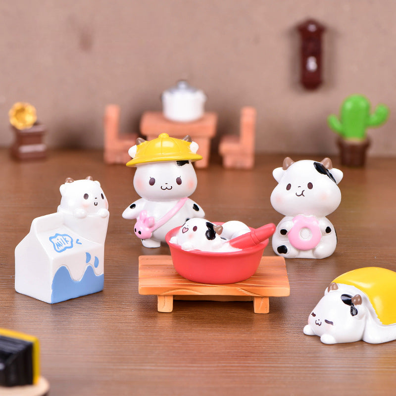 Cute Donut Milk Carton Cows Resin Toy for Bonsai Succulent Decor