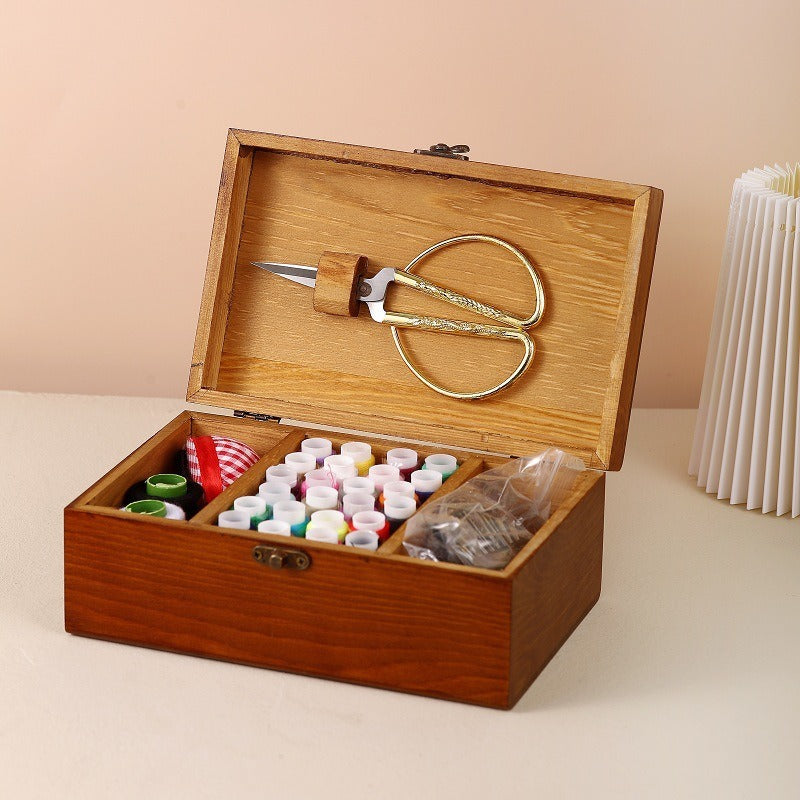 Wooden Sewing Box Solid Wood Sewing Tools Box Retro Style Sewing Kit Organizer