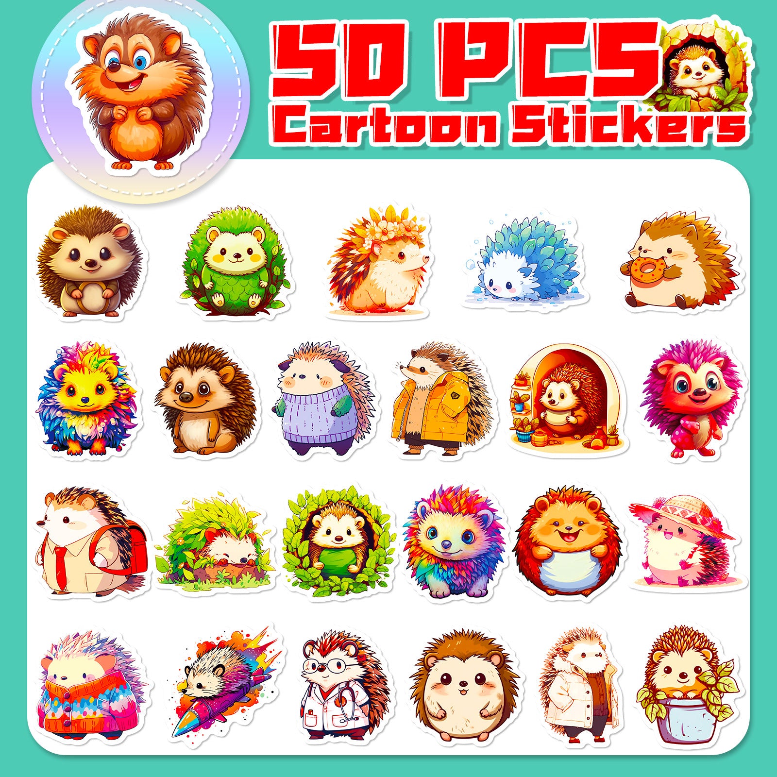 50pcs Hedgehog Stickers Waterproof Vinyl Stickers for Laptops, Skateboar