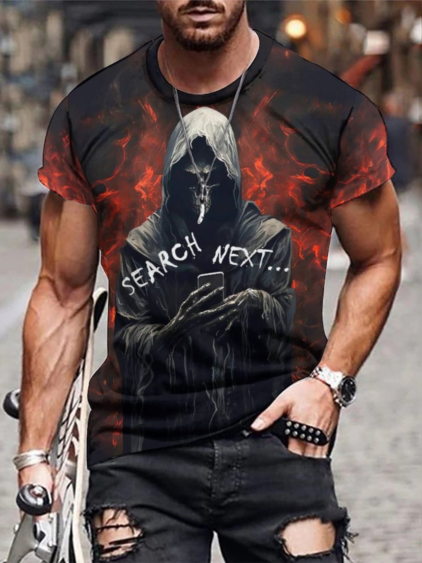 Men's 3D Death & Next Graphic Tee, Casual Stretch Breathable T-shirt
