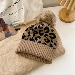 Winter Leopard Pattern Knit Hat Warm Pom Beanie