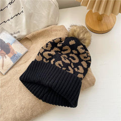 Winter Leopard Pattern Knit Hat Warm Pom Beanie