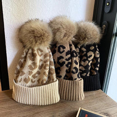 Winter Leopard Pattern Knit Hat Warm Pom Beanie