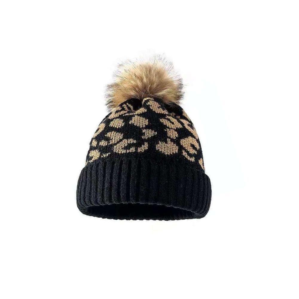 Winter Leopard Pattern Knit Hat Warm Pom Beanie