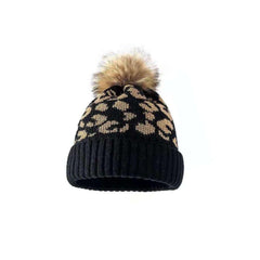 Winter Leopard Pattern Knit Hat Warm Pom Beanie