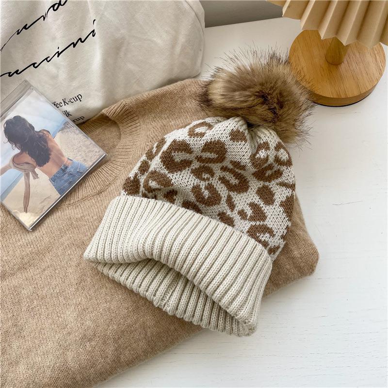 Winter Leopard Pattern Knit Hat Warm Pom Beanie