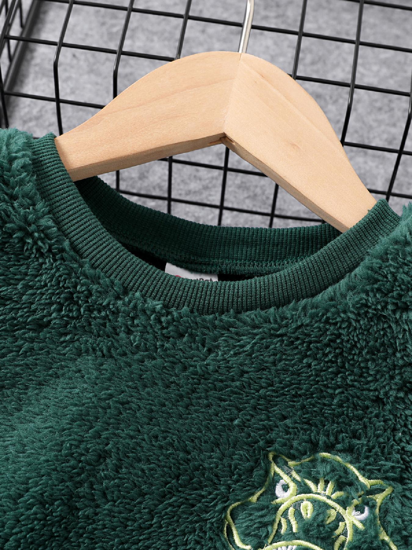 Embroidered Dino Print Boys Warm Sweatshirt