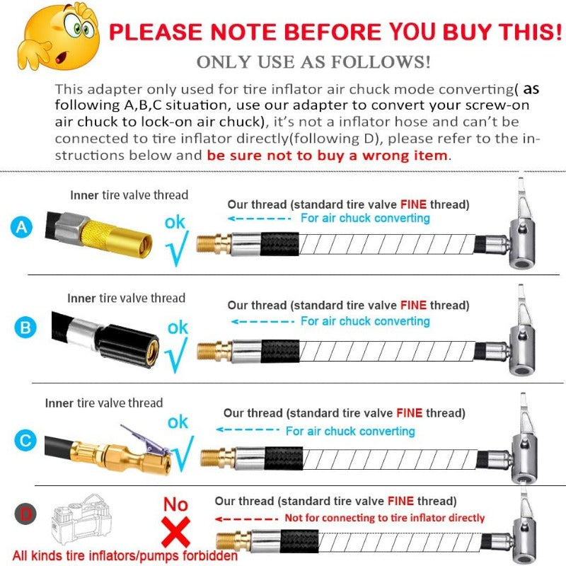 Tire Inflation Hose Adapter with Metal Locking Air Chuck