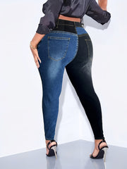 Retro Skinny Jeans Colorblock Button Fly High Rise