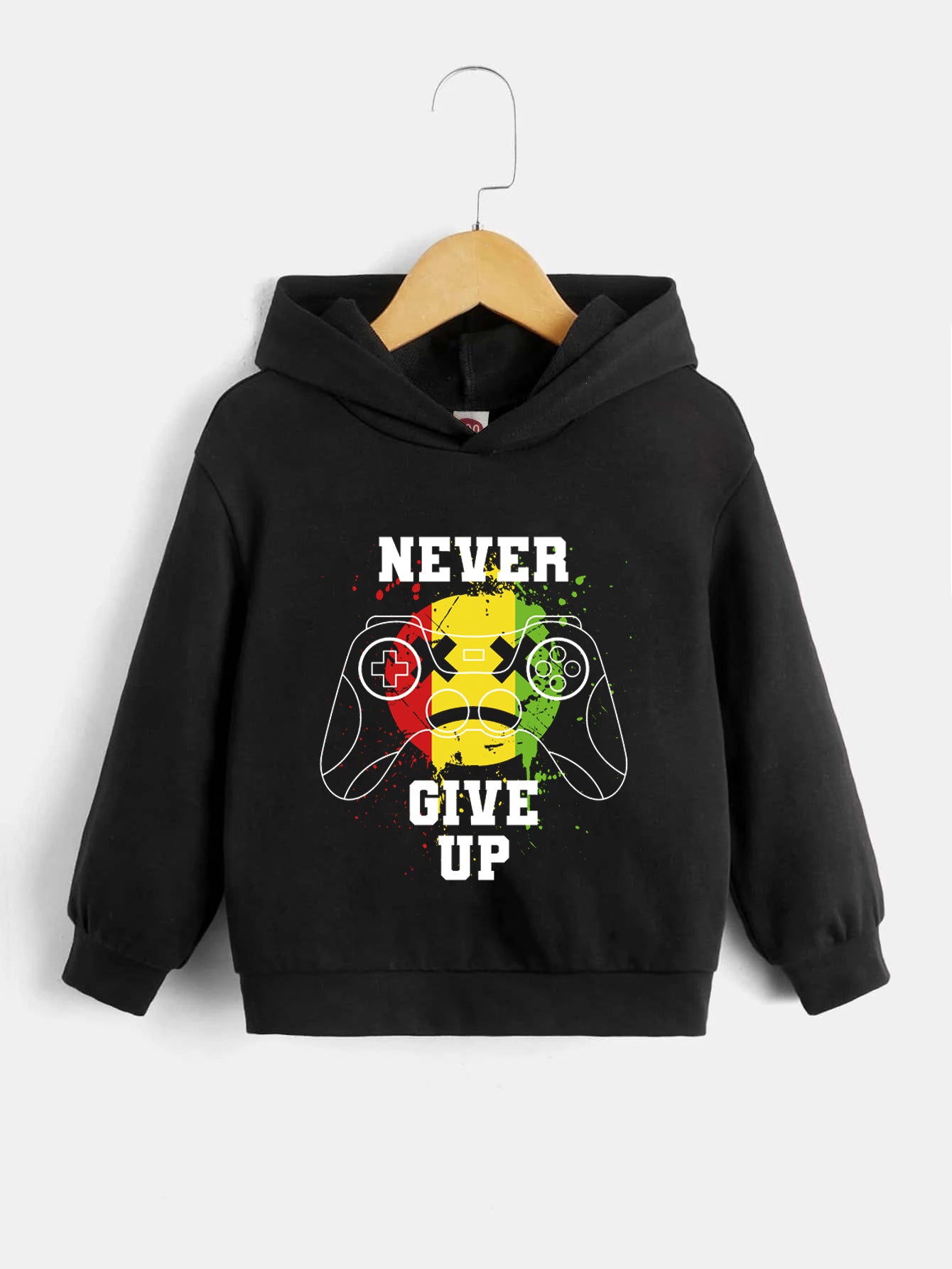 Boys Gamepad Hoodie NEVER GIVE UP Print Long Sleeve Sweatshirt