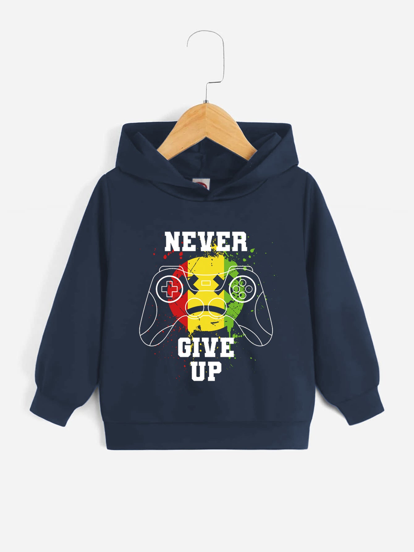 Boys Gamepad Hoodie NEVER GIVE UP Print Long Sleeve Sweatshirt