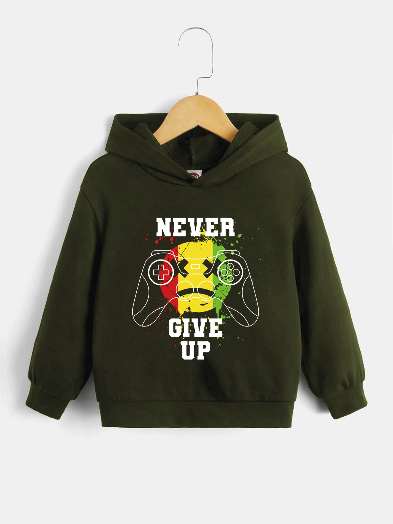 Boys Gamepad Hoodie NEVER GIVE UP Print Long Sleeve Sweatshirt