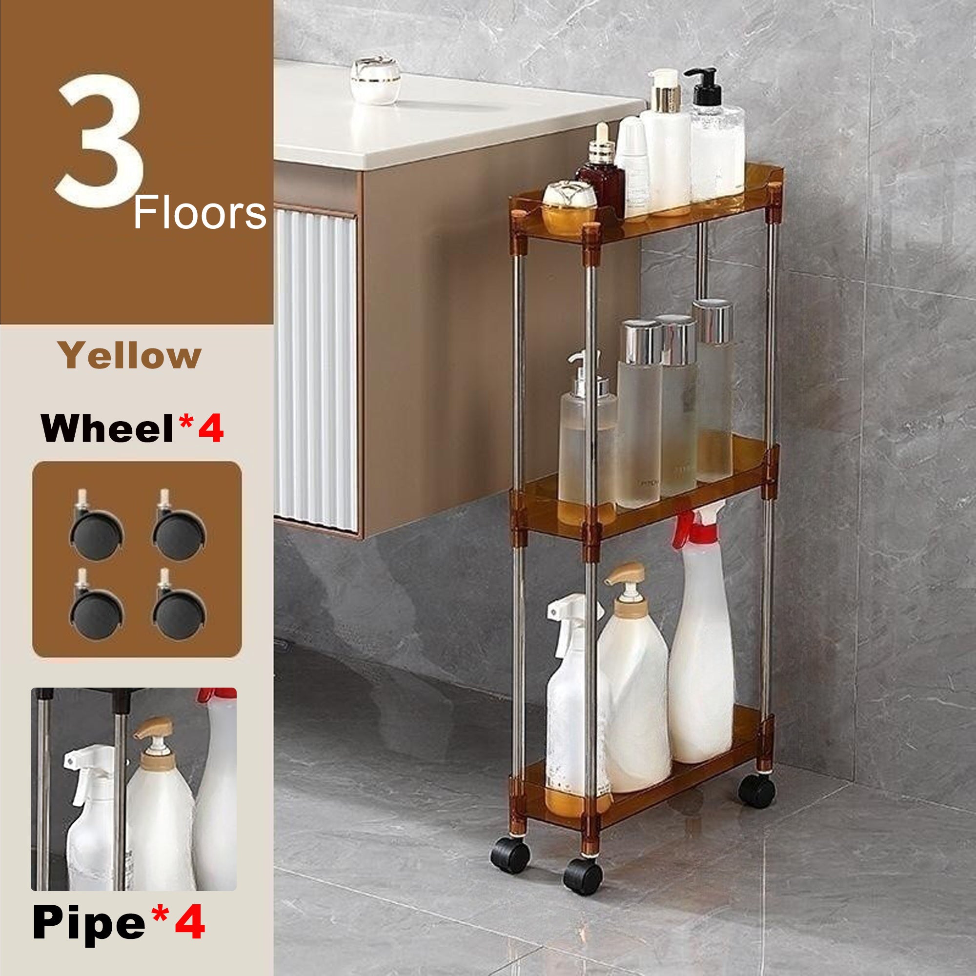 3 Tier Slim Rolling Storage Cart Bathroom Organizer Mobile Shelving Unit