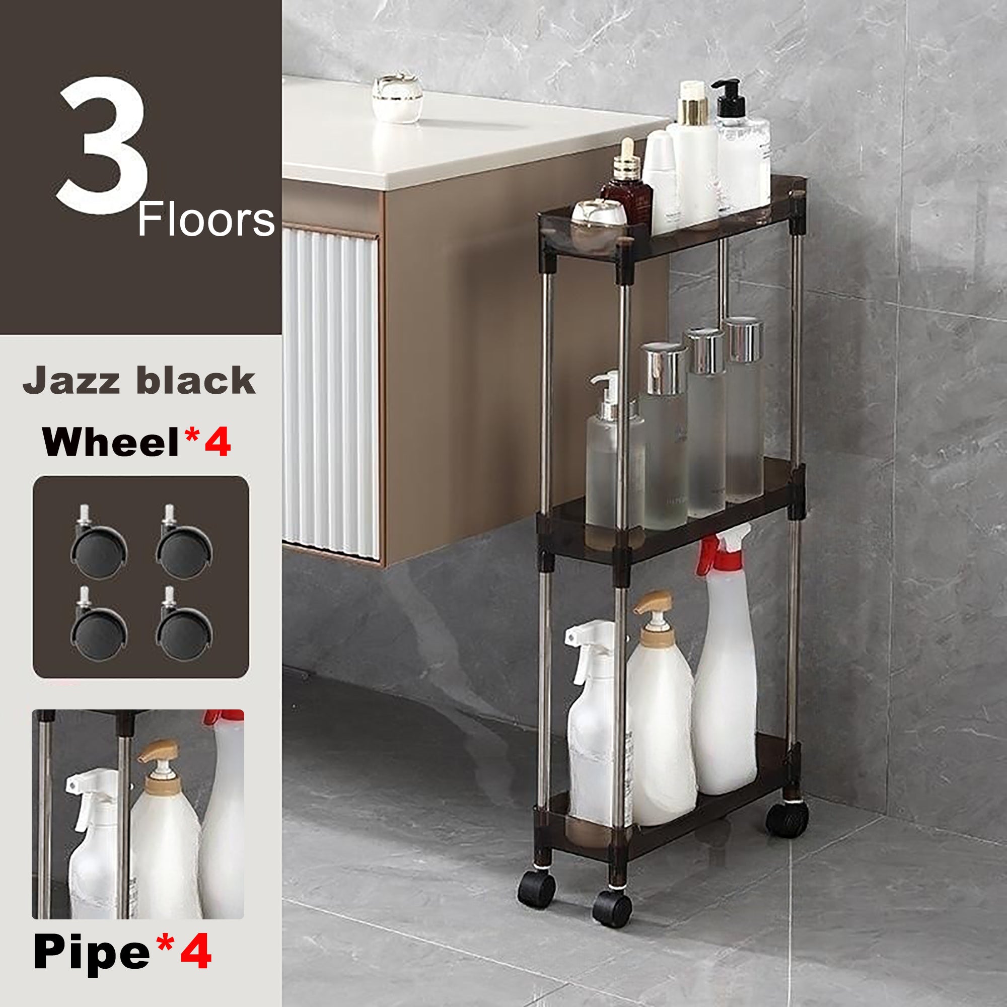 3 Tier Slim Rolling Storage Cart Bathroom Organizer Mobile Shelving Unit