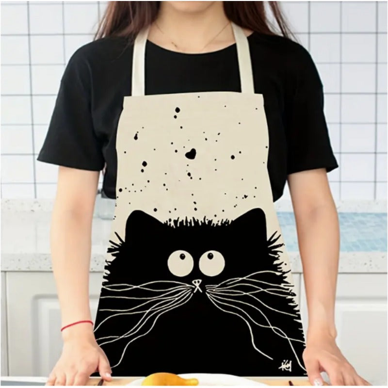 Cat Printed Linen Apron Adjustable & Stain Resistant for Chefs Gardeners Bakers