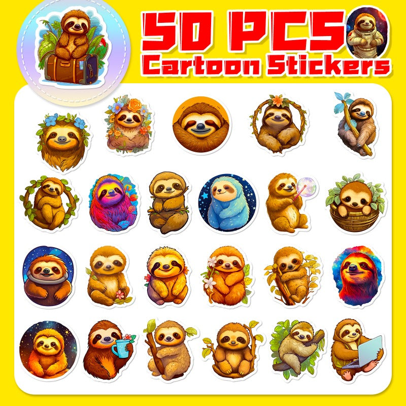 50pcs Cartoon Sloth Stickers for Luggage & Cup Decoration