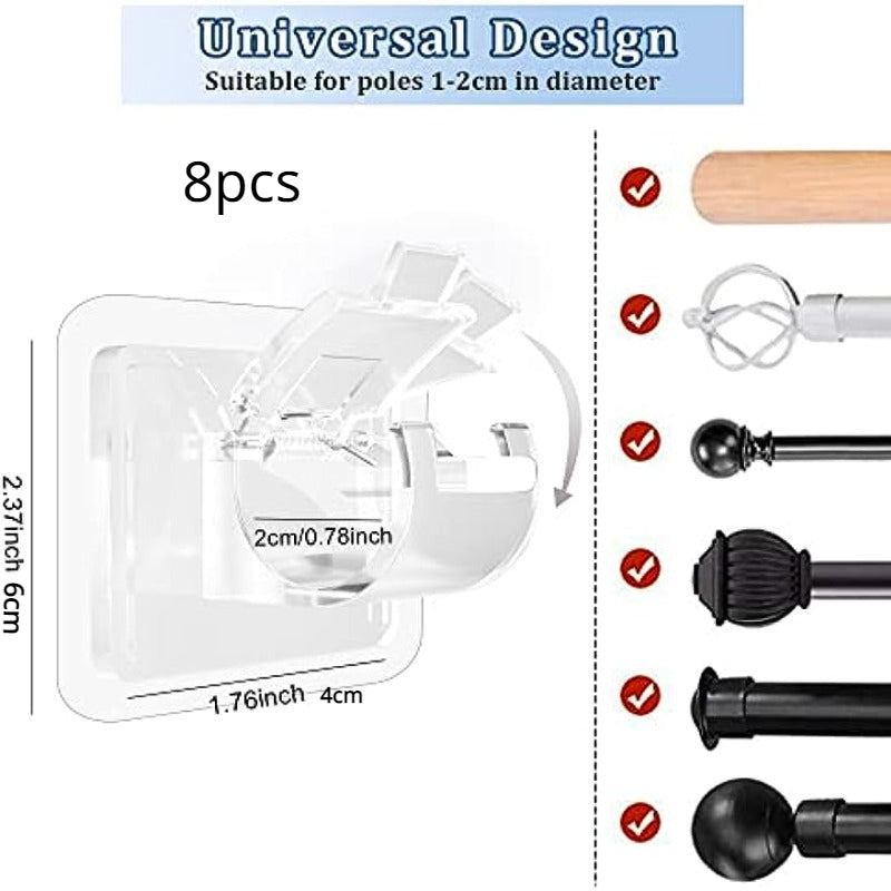 8pcs Adhesive Curtain Rod Brackets No Drill Self-Adjustable Hooks for Bathroom