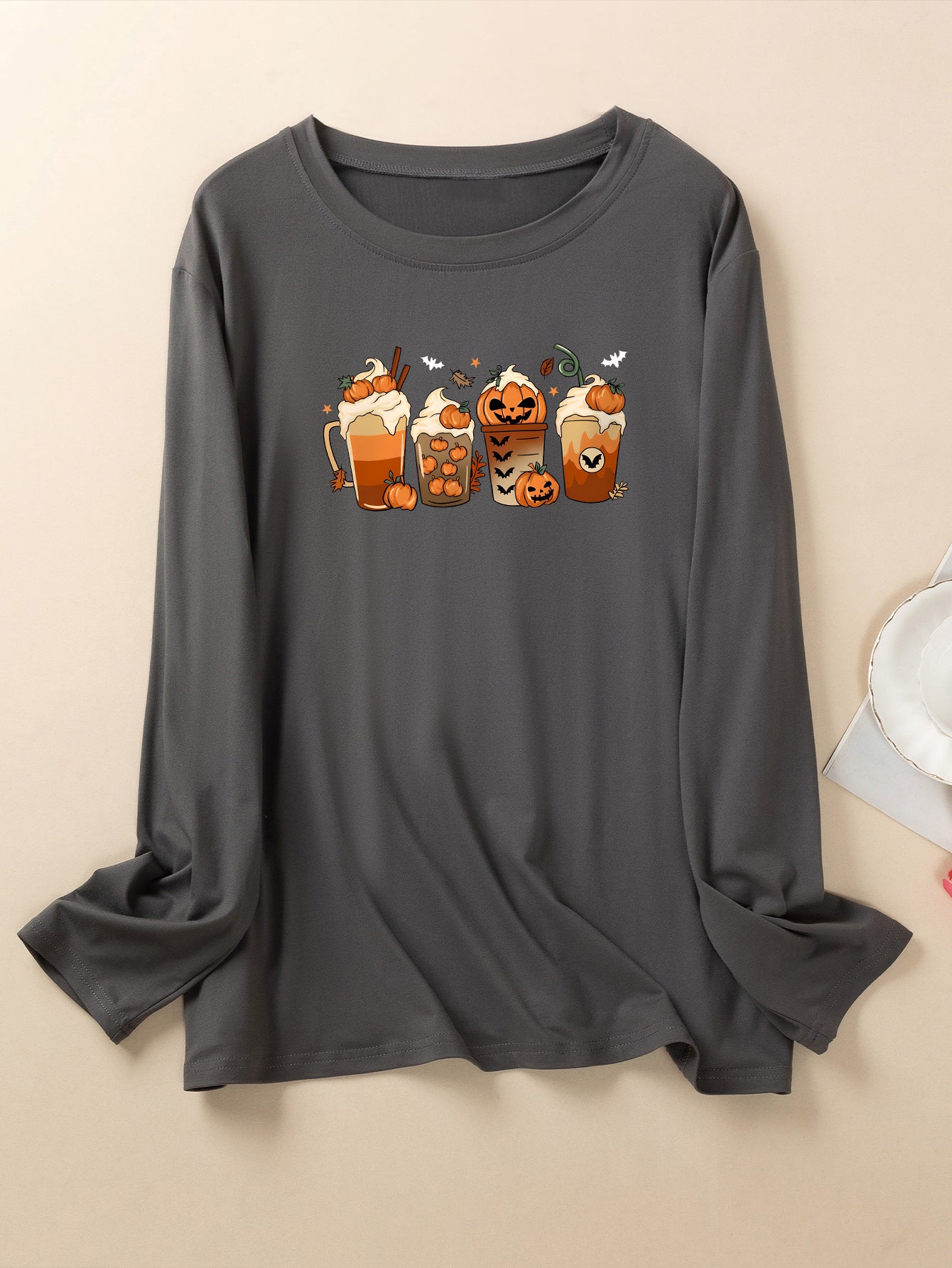 Pumpkin Milk Tea Print Long Sleeve Pajama Top