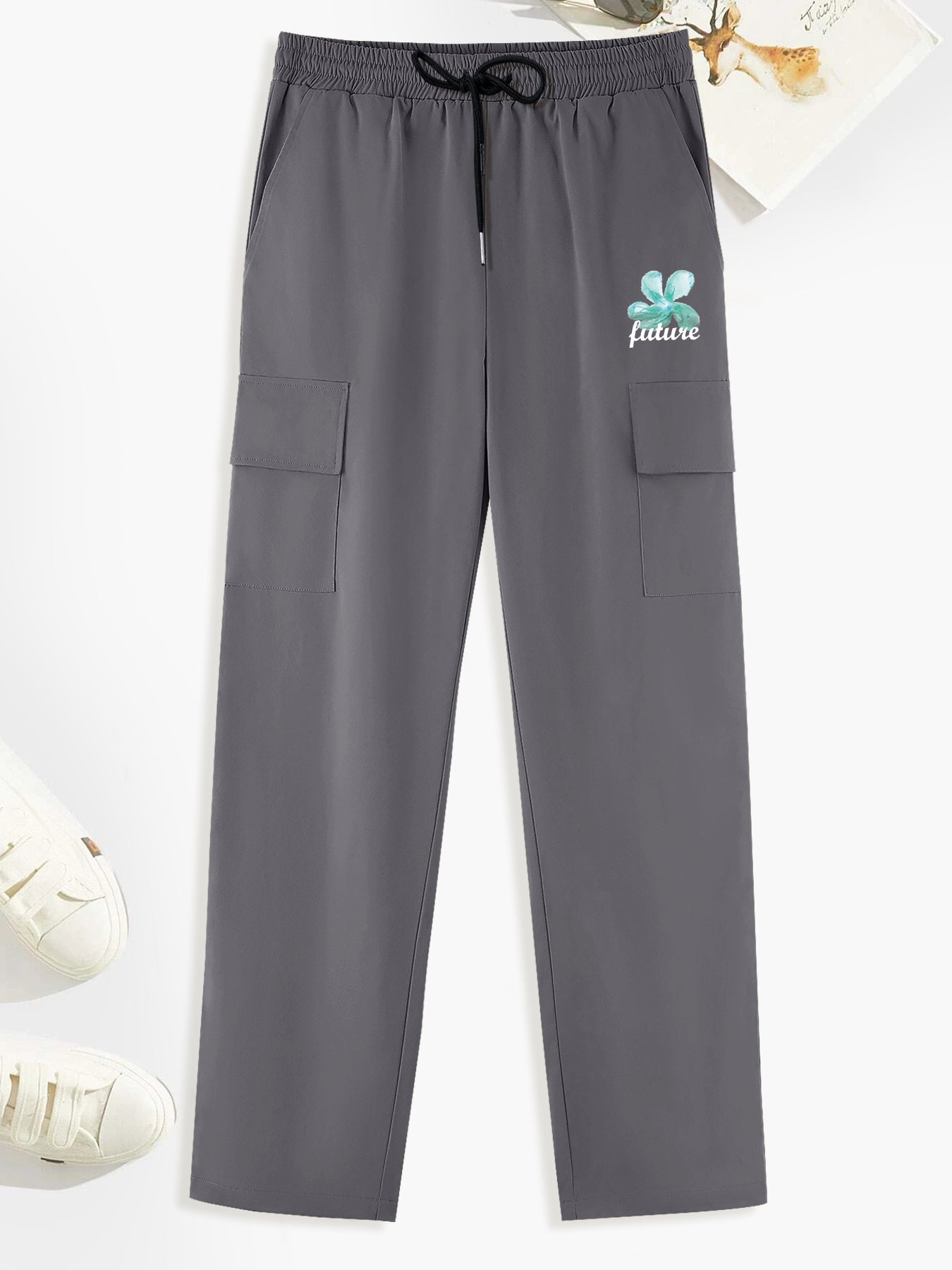 Letter & Flower Print Cargo Pants Men's Casual Wear