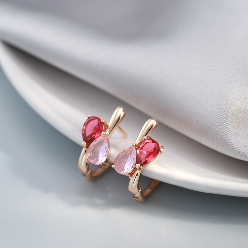 Red Pink Zircon Dangle Earrings, Teardrop Cut, Bride Wedding Jewelry